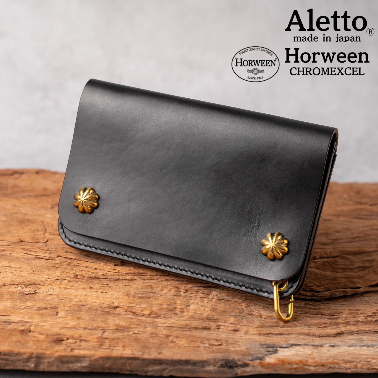 HORWEEN CHROMECEL 茶芯ブラック ミドルトラッカーウォレット 3層