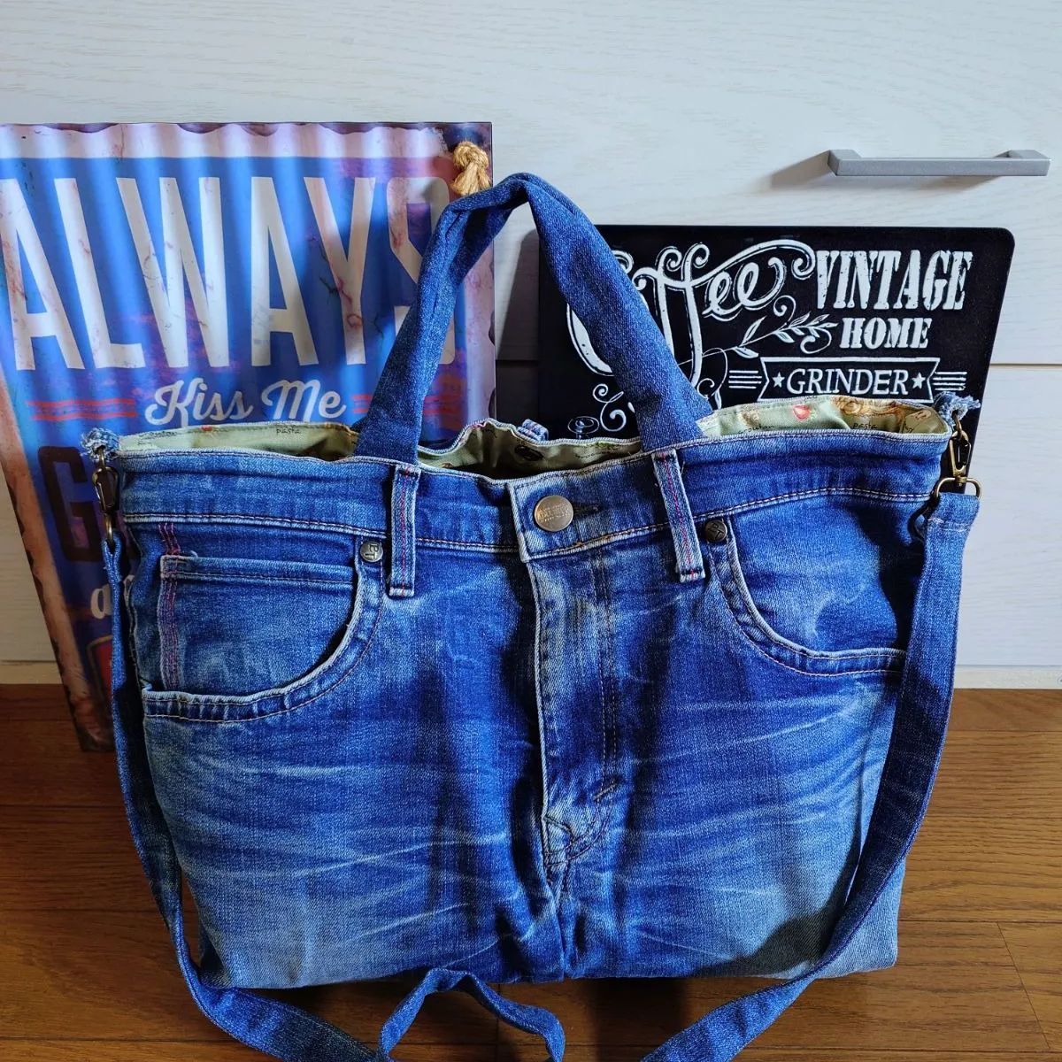 186USEDダメージデニムリメイク大きめショルダーバッグトートバッグ 