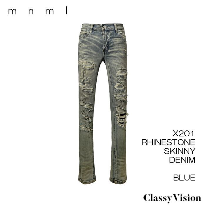 mnml X201 クリアラインストーン装飾ストレッチスキニーデニムパンツ