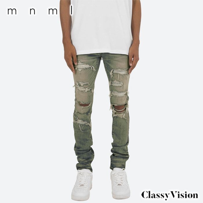 mnml X201 クリアラインストーン装飾ストレッチスキニーデニムパンツ