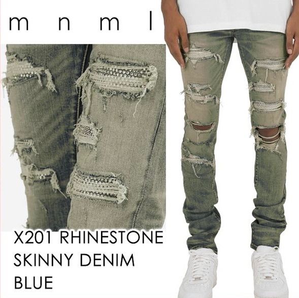 mnml X201 クリアラインストーン装飾ストレッチスキニーデニムパンツ