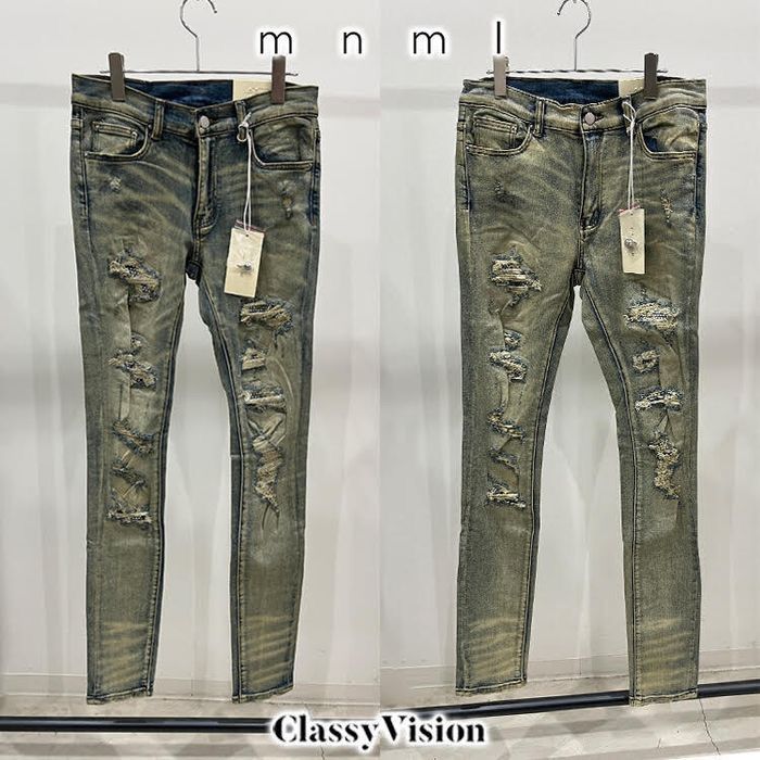 mnml X201 クリアラインストーン装飾ストレッチスキニーデニムパンツ