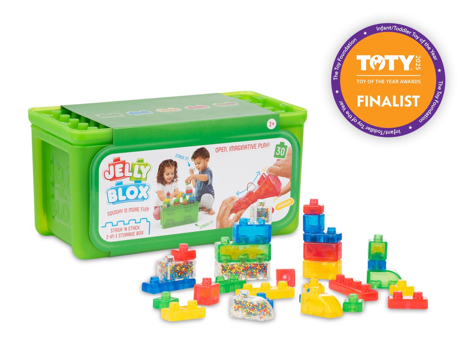 Jelly Blox Stash N Stack 2イン1 収納ケース 30ブロック付き | 幼児-就学前の積み木 子供が握ったり伸ばしたりできます メッシュ認証 安全テスト済み - 痛くならない 感覚遊びおもちゃ 対象年齢2歳以上