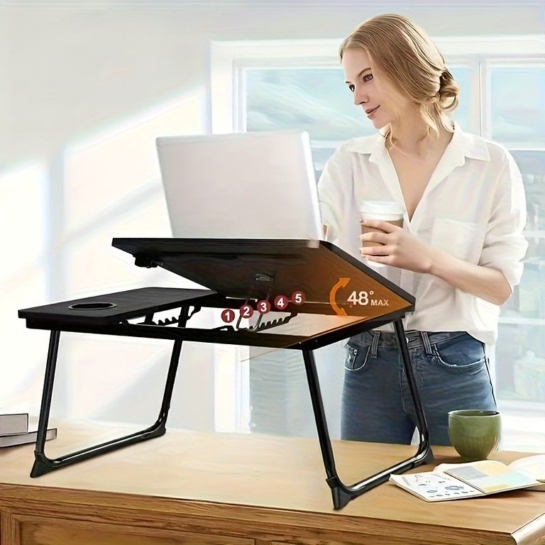 カップホルダー付】折りたたみ式ラップトップデスク 5段階角度調整