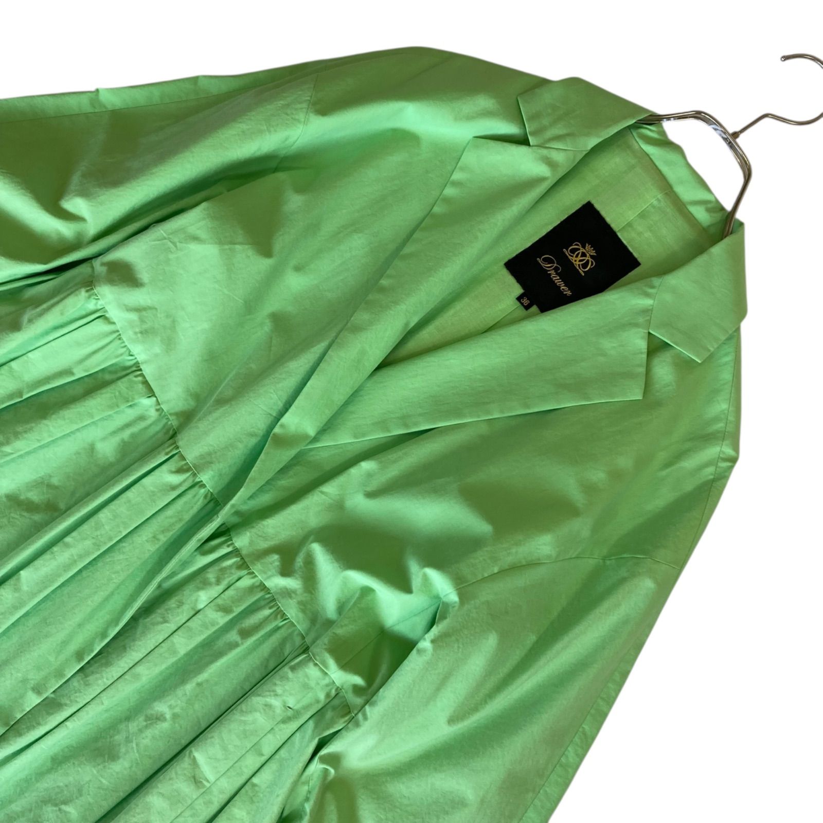 新品Drawer 99,000円 コットンムソウギャザーコート ドゥロワー コットンムソウギャザーコート ライム グリーン 定価9.9万