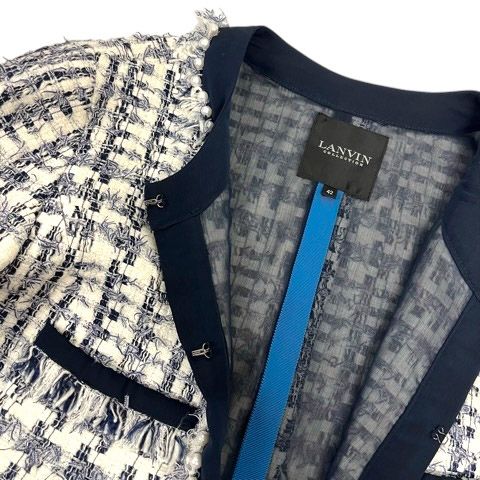ランバン LANVIN ジャケット ブレザー ノーカラー ツイード パール装飾