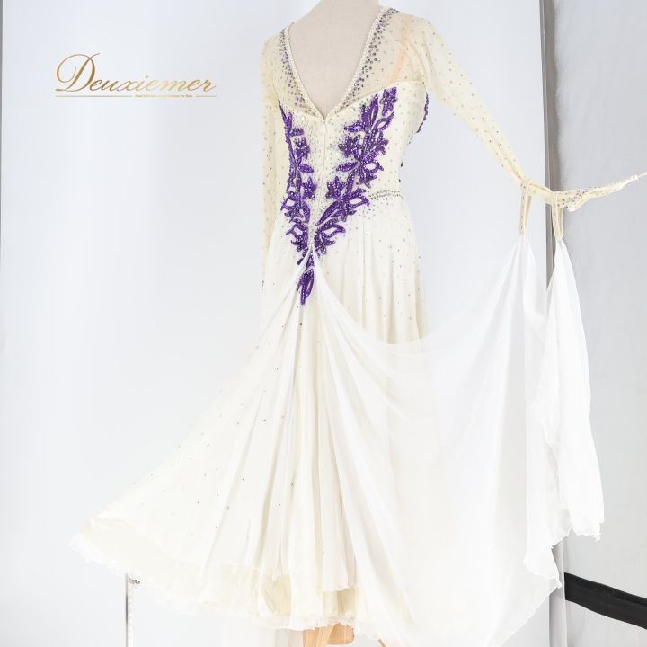 社交ダンスワンピース　パーティワンピース　ソシアルダンス　白/紫 社交ダンス 衣装 スタンダードドレス ドレス ワンピース スタンダード