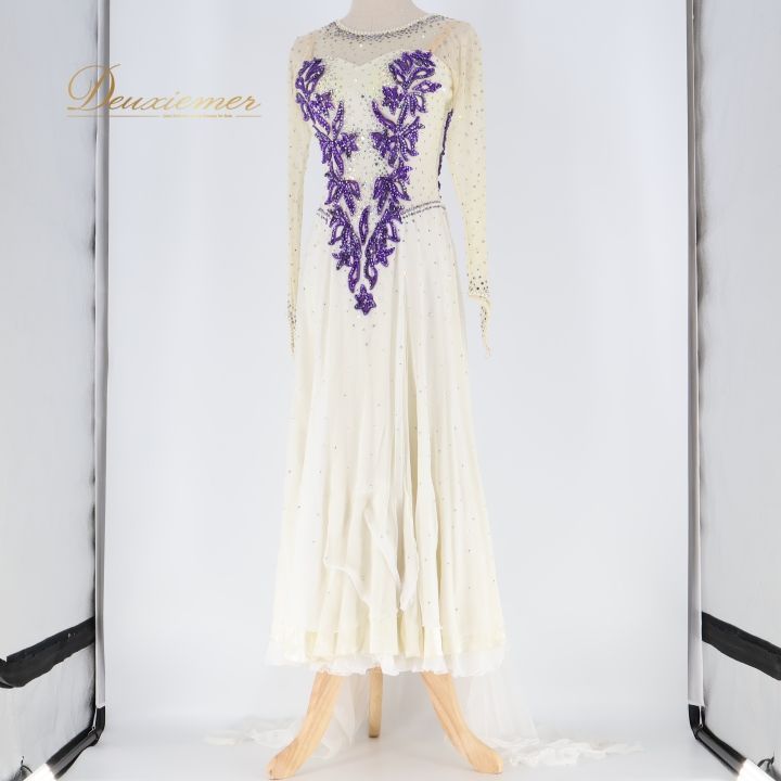 社交ダンスワンピース　パーティワンピース　ソシアルダンス　白/紫 社交ダンス 衣装 スタンダードドレス ドレス ワンピース スタンダード