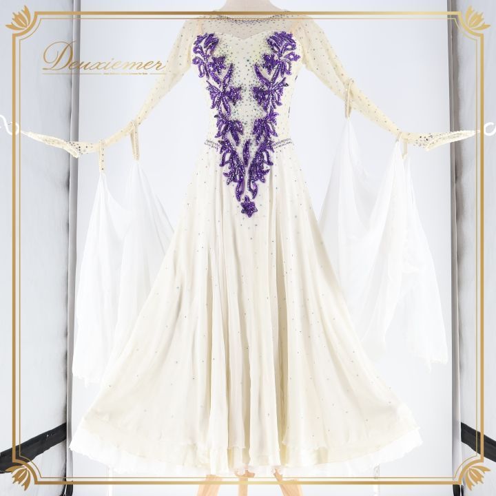 社交ダンス スタンダードドレス モダンドレス オフ白紫 社交ダンス