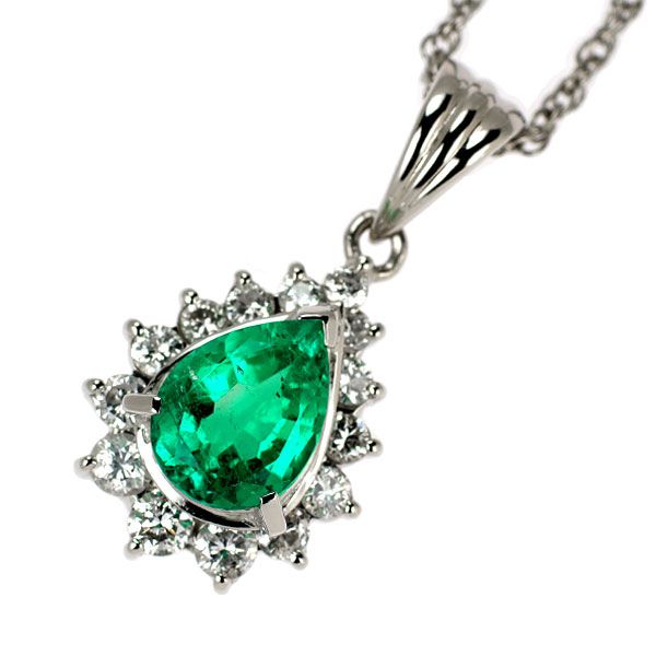 Pt900/ Pt850 ペアシェイプ エメラルド ダイヤモンド ペンダント