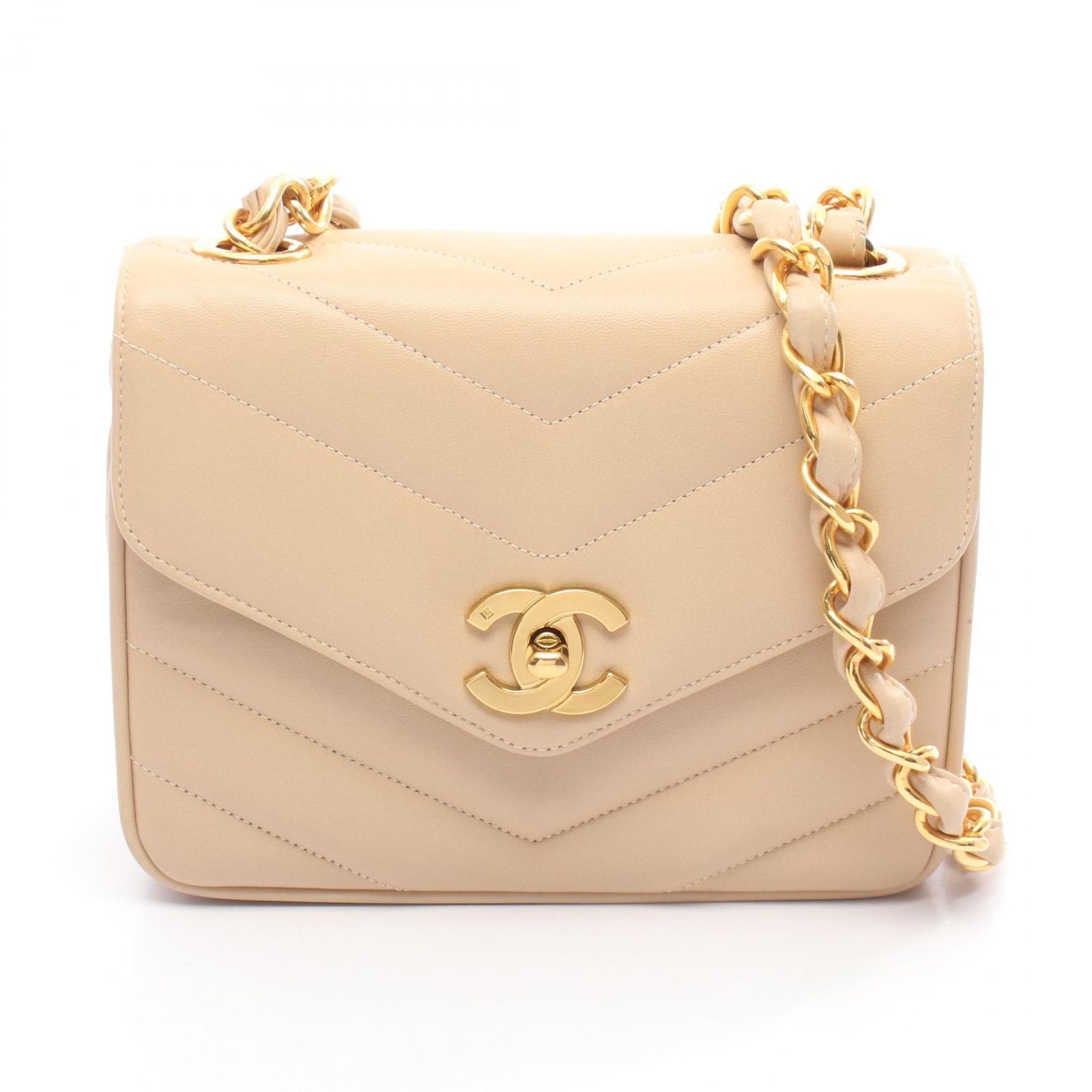 シャネル CHANEL ショルダーバッグ シェブロン Vステッチ ベージュ 