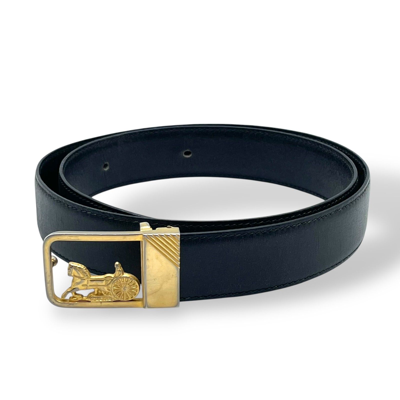 セリーヌ CELINE ベルト 馬車金具 ヴィンテージ レザー ブラック 黒