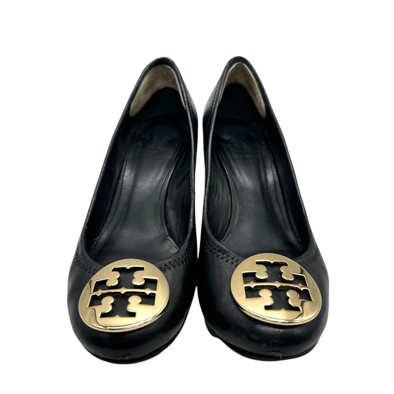 Tory Burch 黒 レザー ウェッジソール　ゴールドロゴ付　箱付　23.5 良品】トリーバーチ Tory Burch パンプス ウェッジソール ウェッジ