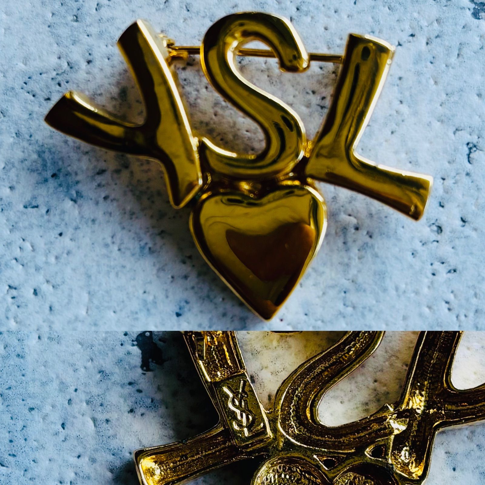 レディース Yves Saint Laurent YSLロゴ×ハート ブローチ