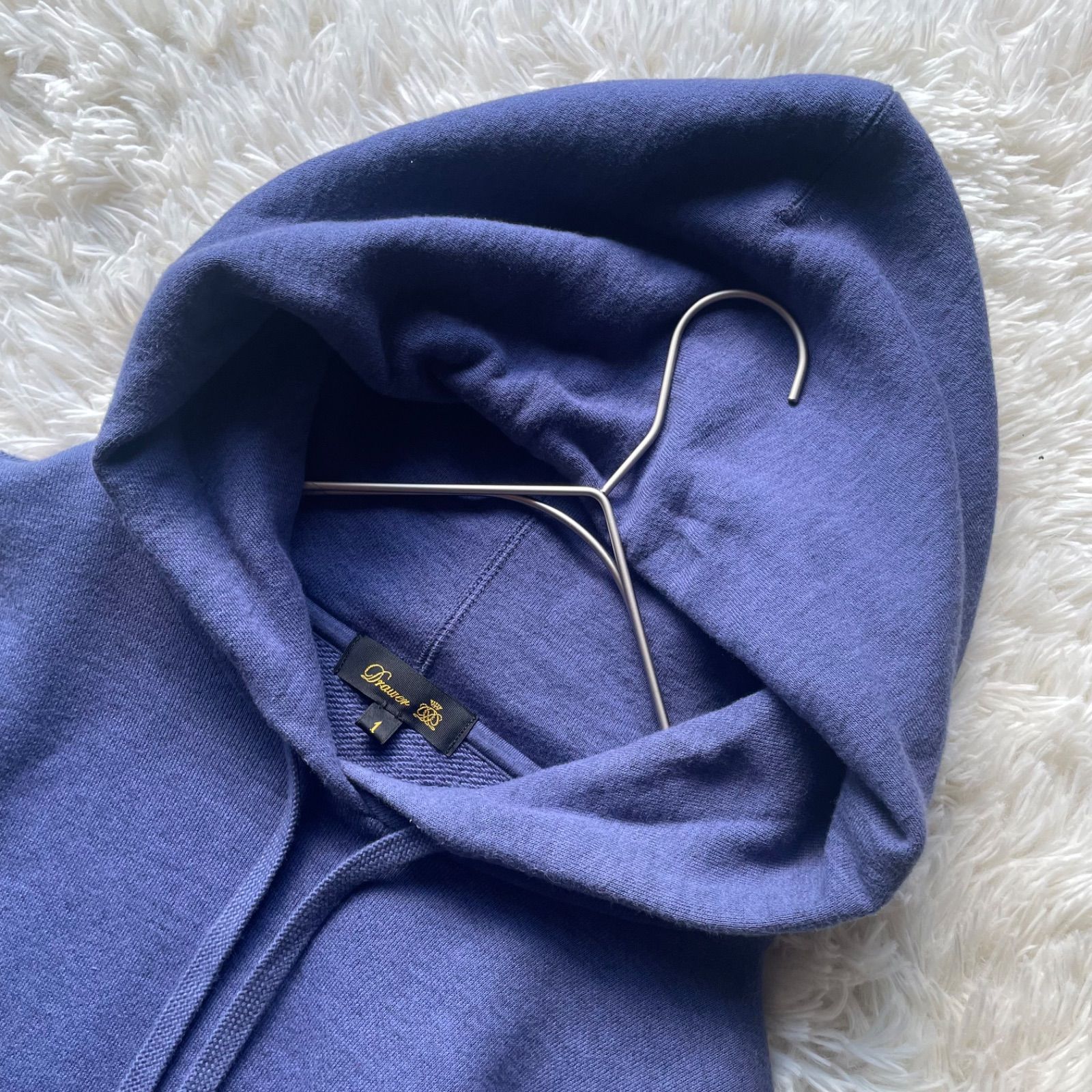 美品✨ドゥロワー カシミヤロングフーディワンピース ブルー 1/M相当 ドゥロワー Drawer コットンカシミヤ裏毛ロングフーディーワンピース 1