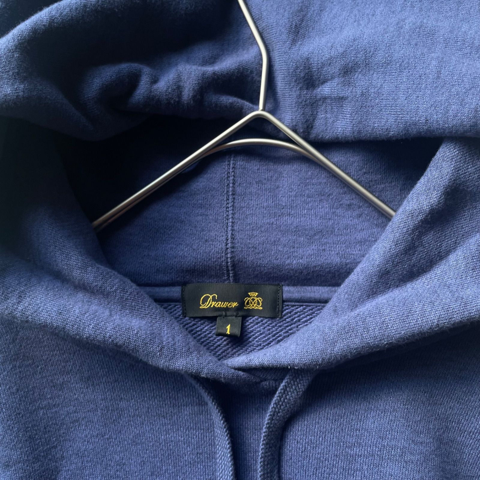 美品✨ドゥロワー カシミヤロングフーディワンピース ブルー 1/M相当 ドゥロワー Drawer コットンカシミヤ裏毛ロングフーディーワンピース 1