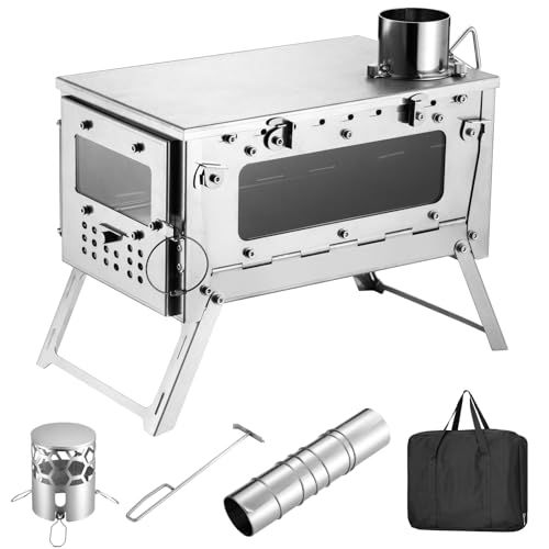 SENQI 薪ストーブ 二次燃焼 キャンプ用 焚き火ストーブ 2面ガラス窓 煙突 ストーブ キャンプ 調理器具 クッキングストーブ 折りたたみストーブ 灰受け付き 携帯便利 暖炉煙突付きテント調理 m 3 fe 0 b 450