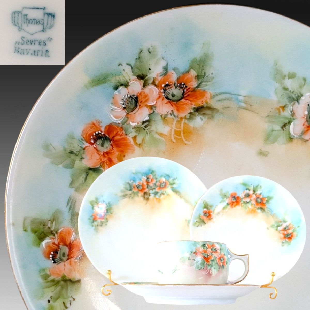 セーブル・ババリア 手描き花絵＆金彩 カップ＆ソーサー プレート2枚