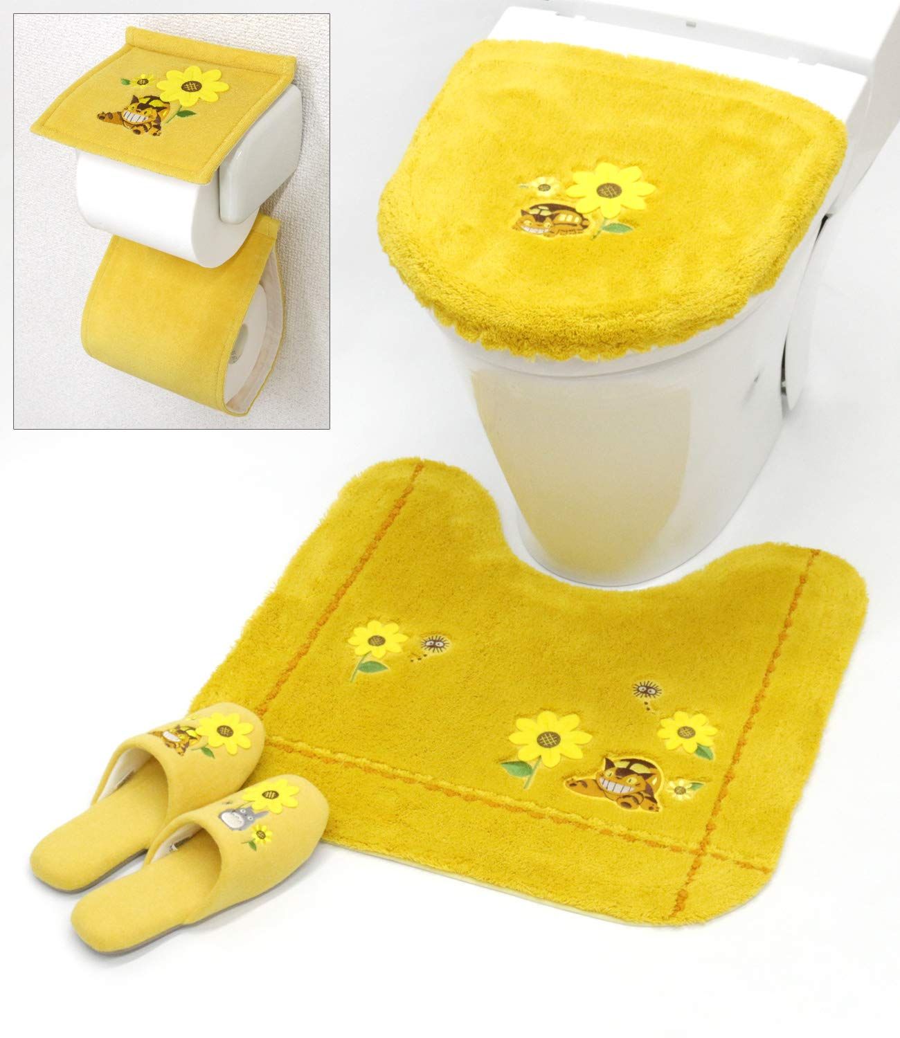 となりのトトロ 花のバス停 洗浄便座ふたカバー トイレマット スリッパ ペーパーホルダーカバー 4点セット