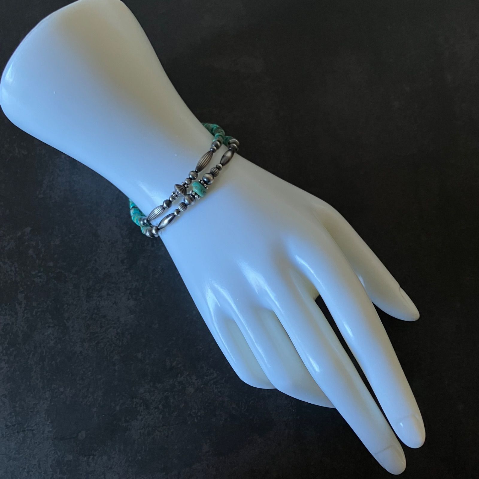 silver925ナバホパール×天然ターコイズのブレスレット19cm メンズ v