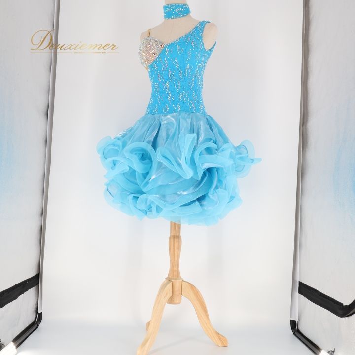 社交ダンス 衣装 白樺ドレス ラテン ドレス ワンピース フリル 水色