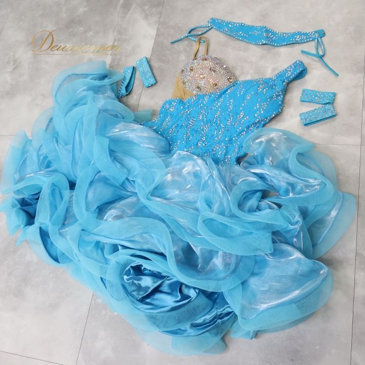 社交ダンス 衣装 白樺ドレス ラテン ドレス ワンピース フリル 水色