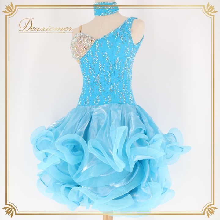 社交ダンス ドレス 水色 フリル　ラテン衣装 社交ダンス 衣装 白樺ドレス ラテン ドレス ワンピース フリル 水色