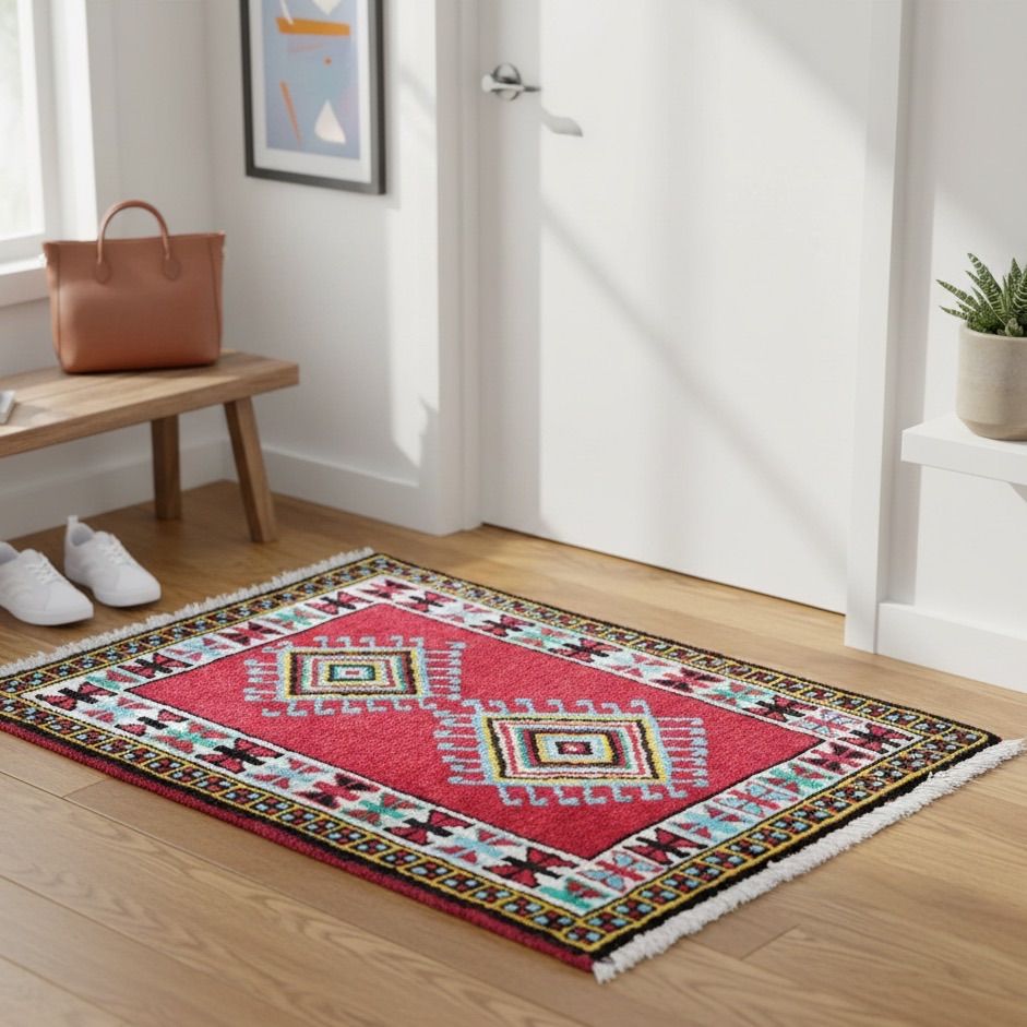 トライバルラグ 玄関マット ホラサン産 本物 ペルシャ手織りウール絨毯 ホラサン産 ペルシャ絨毯 玄関マット サイズ 65×83cm（手織り・草木染