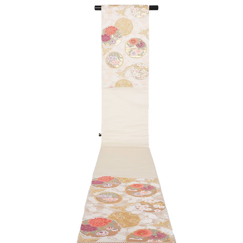 袋帯 正絹 オフホワイト 金箔 雪輪文 花喰鳥 牡丹 菊 桜 菖蒲 亀甲文 M