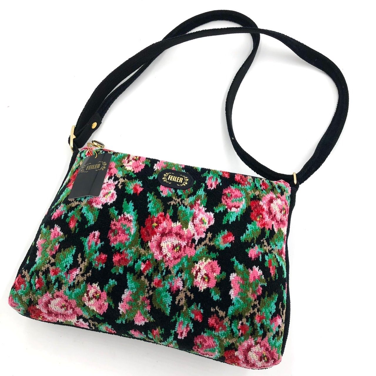 新品タグ付 FEILER フェイラー ショルダーバッグ 花柄 シュニール織 黒