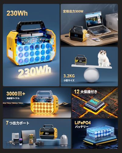 VTOMAN FlashSpeed 300 ポータブル電源 小型 230 Wh 大容量 軽量 リン酸鉄 バッテリー 定格出力300 W PD 100 W出力 リン酸鉄リチウムイオン 電池 コンパクト 静音設計 長寿命 BMS電池保護 パススルー機能 7つ出力ポート m