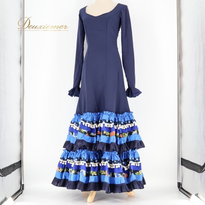 フラメンコ 衣装 ワンピース ドレス ボランテ フリル 紺 水玉 青