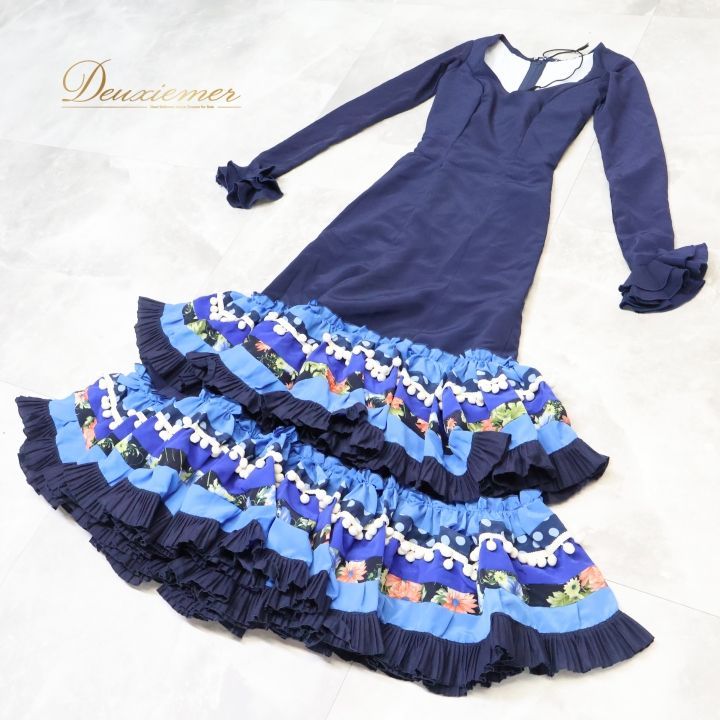 フラメンコ 衣装 ワンピース ドレス ボランテ フリル 紺 水玉 青