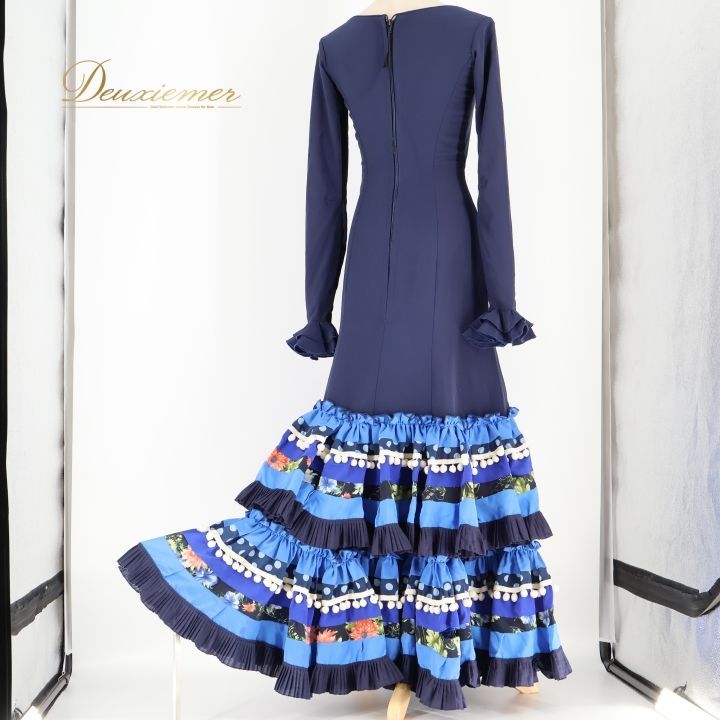 フラメンコ 衣装 ワンピース ドレス ボランテ フリル 紺 水玉 青