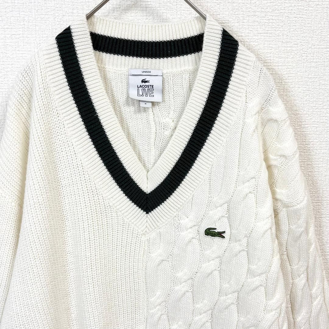 美品】 LACOSTE LIVE 非対称ケーブル ニット M ホワイト - メルカリ