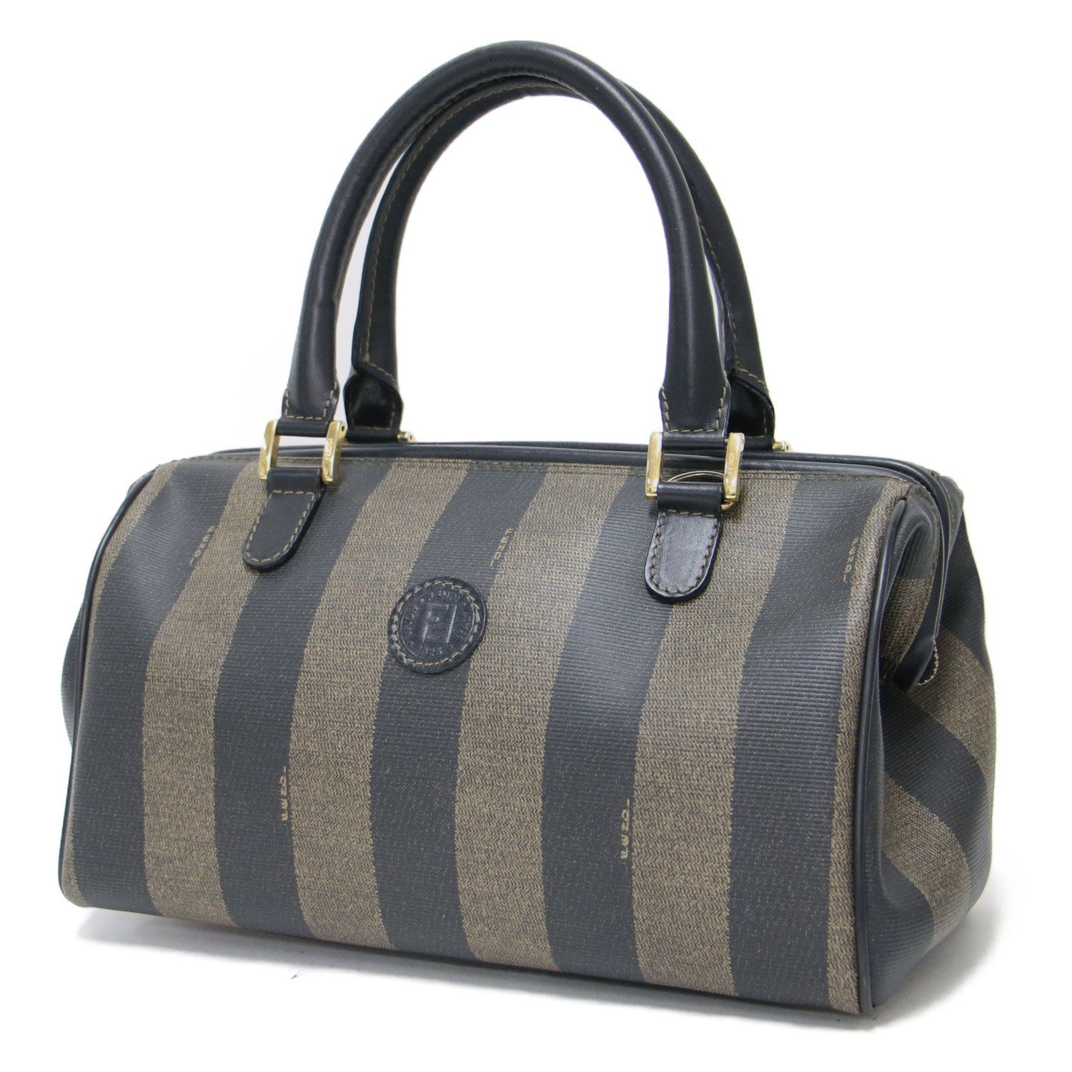 FENDI ストライプ ボストンバッグ FENDI フェンディ ボストンバッグ ストライプ 茶色×カーキ 本革 PVC