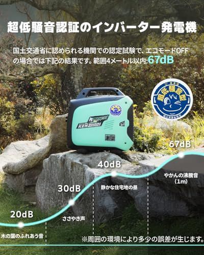 kareyou カレヨウ 小型インバーター発電機 定格出力2.0 KW 低騒音マーク付き 正弦波 防音型 出力ランプ表示 軽量 高出力 静音 家庭用 ガソリン ポータブル 並列運転 50 Hz|60 Hz切替 過負荷保護 オイル不足警告 キャンプ DIY キッチ m