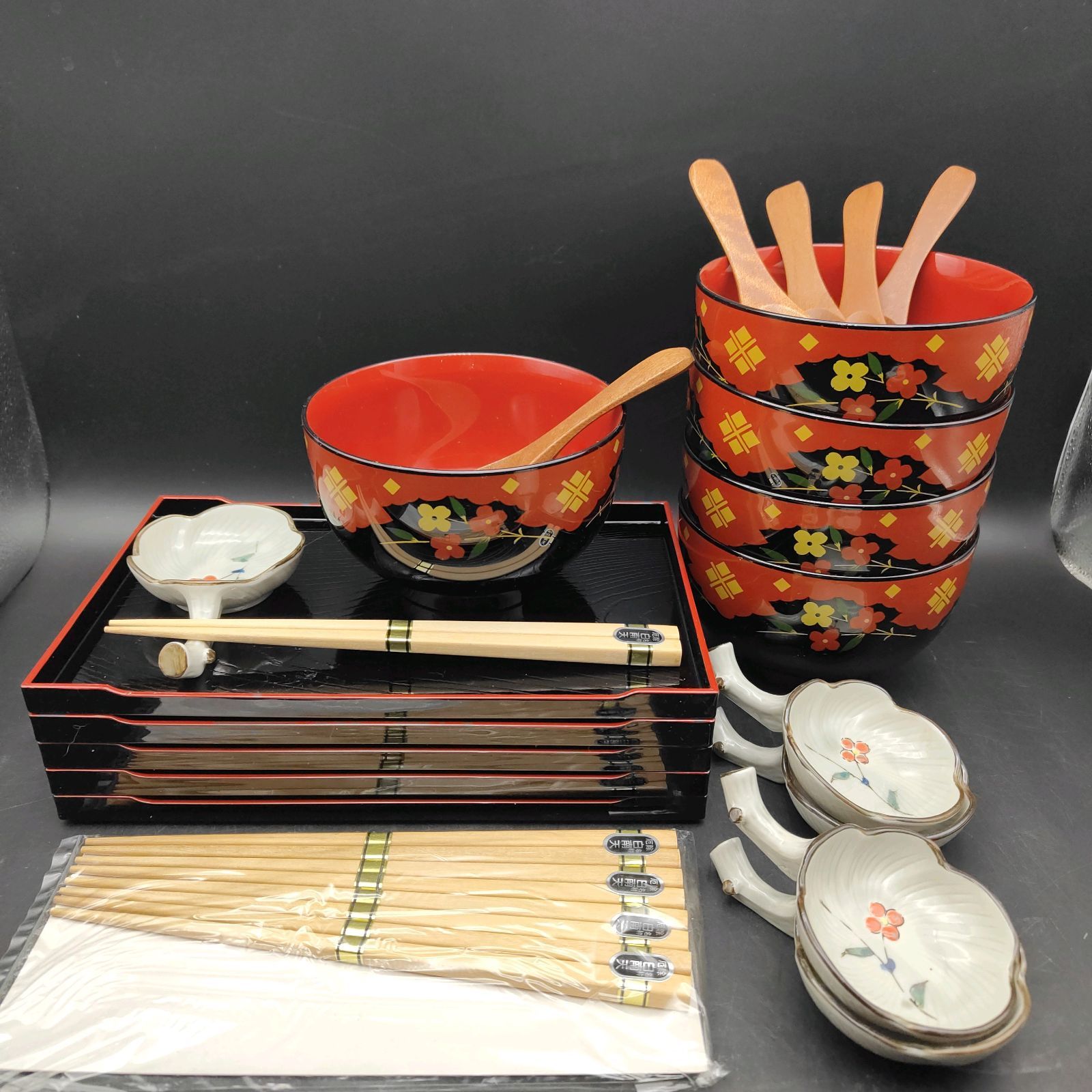 山中漆器 秀衡塗文 どっしり椀 角盆 小皿 レンゲ 白南天箸 5客セット