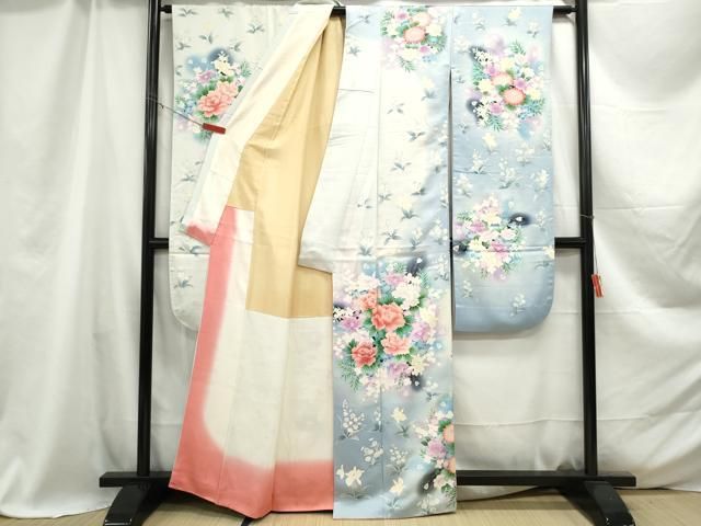 平和屋着物□豪華振袖 孔雀羽花文 暈し染め 銀彩 正絹 逸品 DABA9468qa