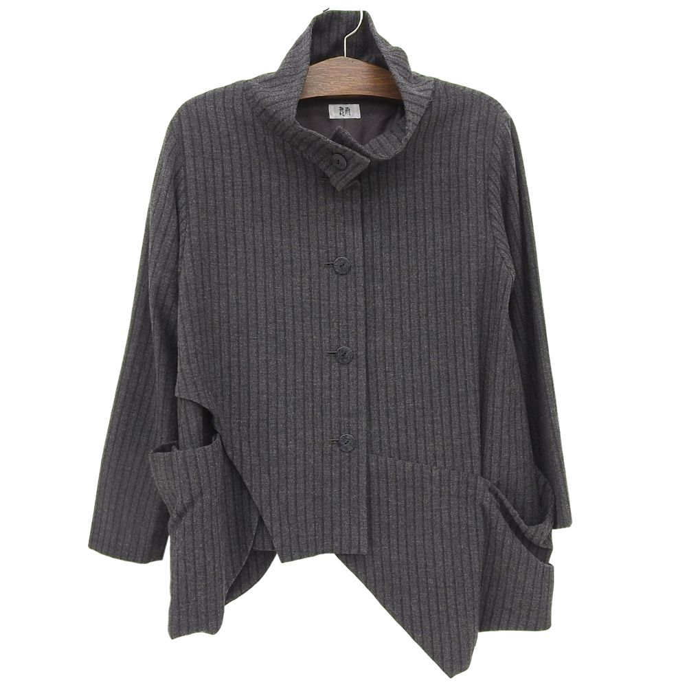 慈雨 ジウ ストライプ アシンメトリー スタンドカラー Aラインコート