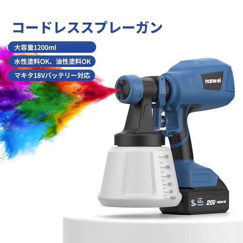 2025新型 NANWEI コードレススプレーガン マキタ18 Vバッテリー対応 電動スプレーガン 充電式塗装ガン 1200 ml大容量塗装機 水性油性塗料対応 噴射量調節 三つの吹き付けパターン 4種類のノズル 本体のみ m