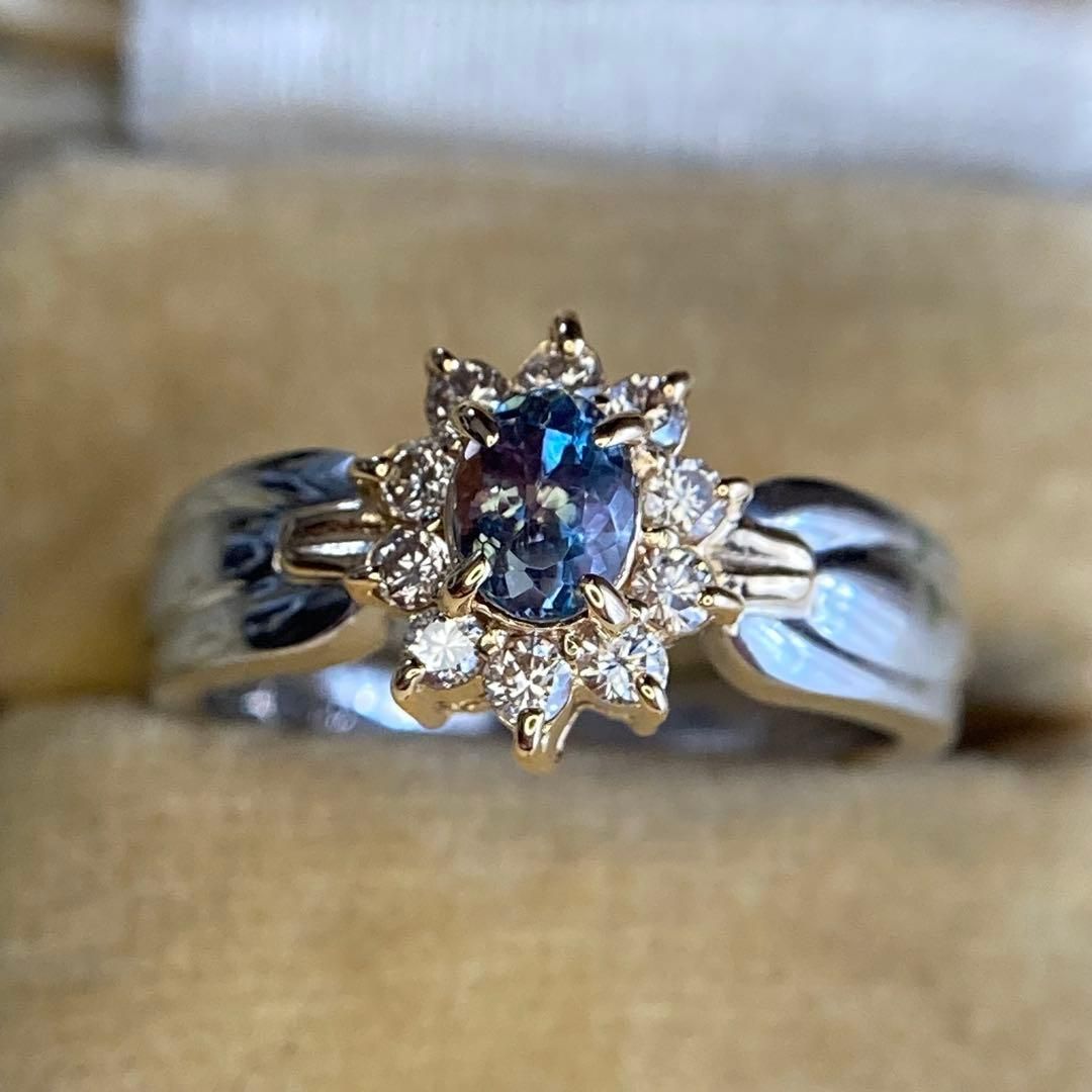k18 pt900 天然アレキサンドライト0.39ct ダイヤモンド 指輪リング 