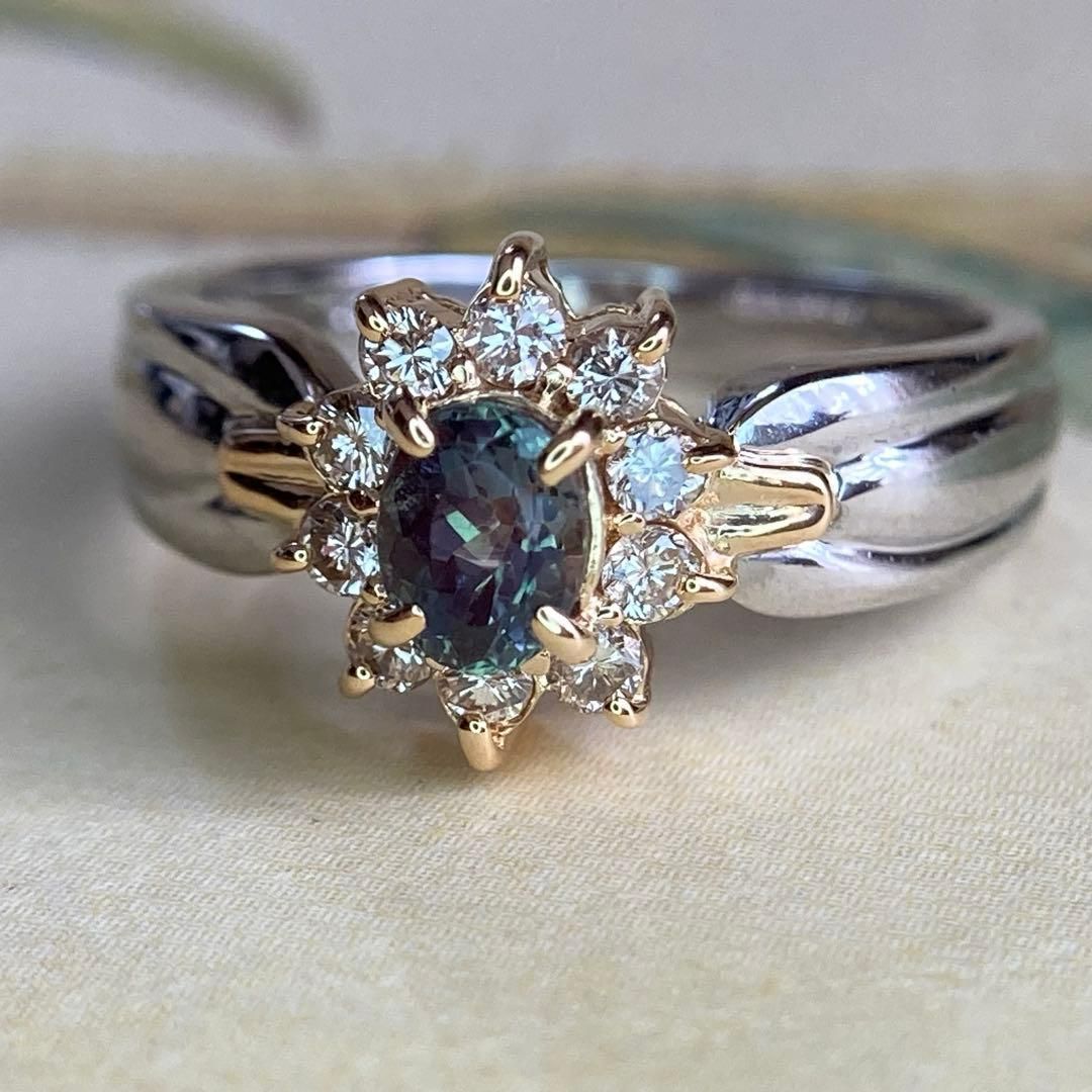 k18 pt900 天然アレキサンドライト0.39ct ダイヤモンド 指輪リング 