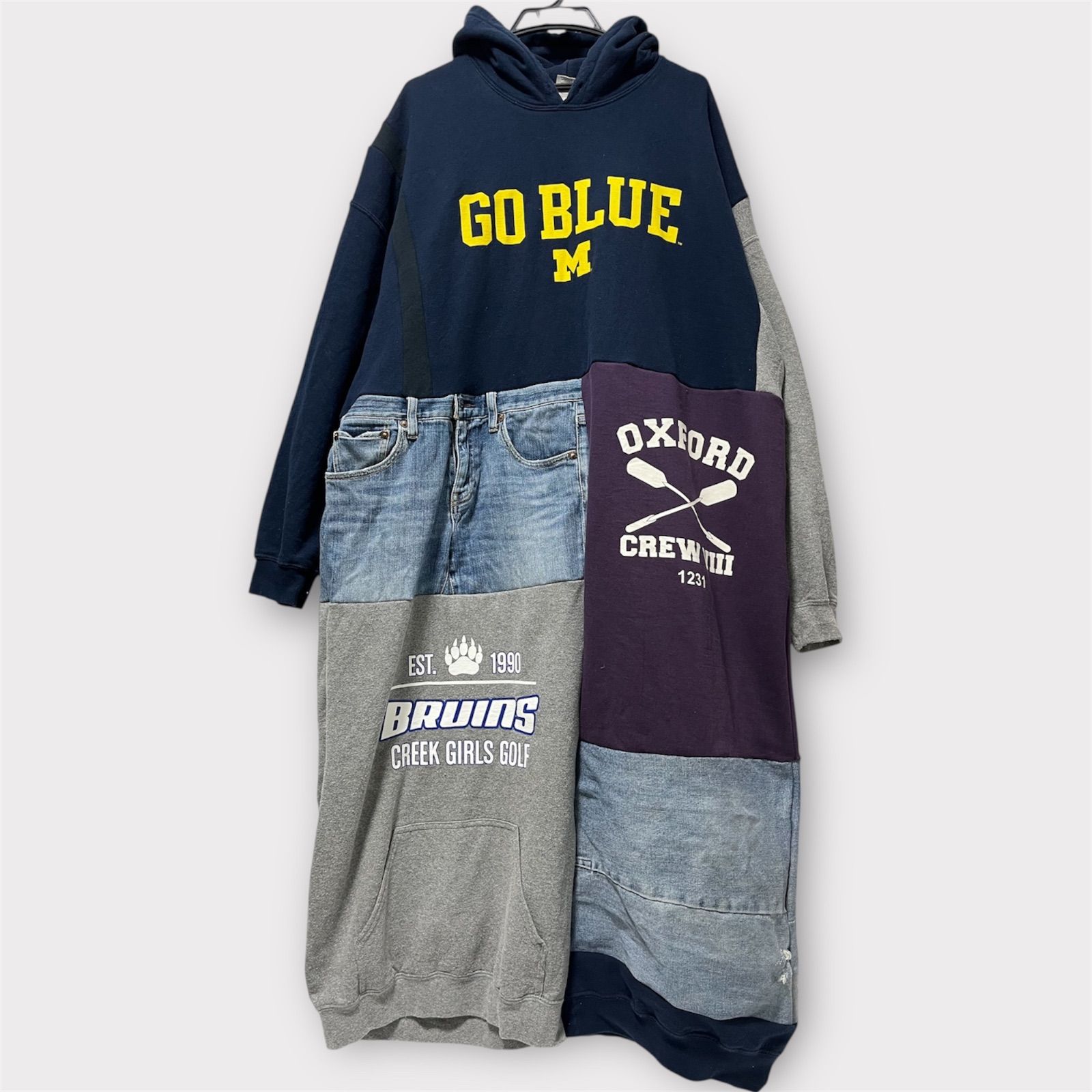 リメイク古着 古着 ﾊﾟｯﾁﾜｰｸﾜﾝﾋﾟｰｽ ロングワンピース 裏起毛 デニム