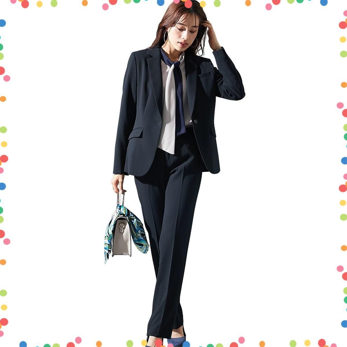 在庫 ニッセン パンツスーツ レディーススーツ タテヨコストレッチテーラードパンツスーツ ジャケット ストレートパンツ