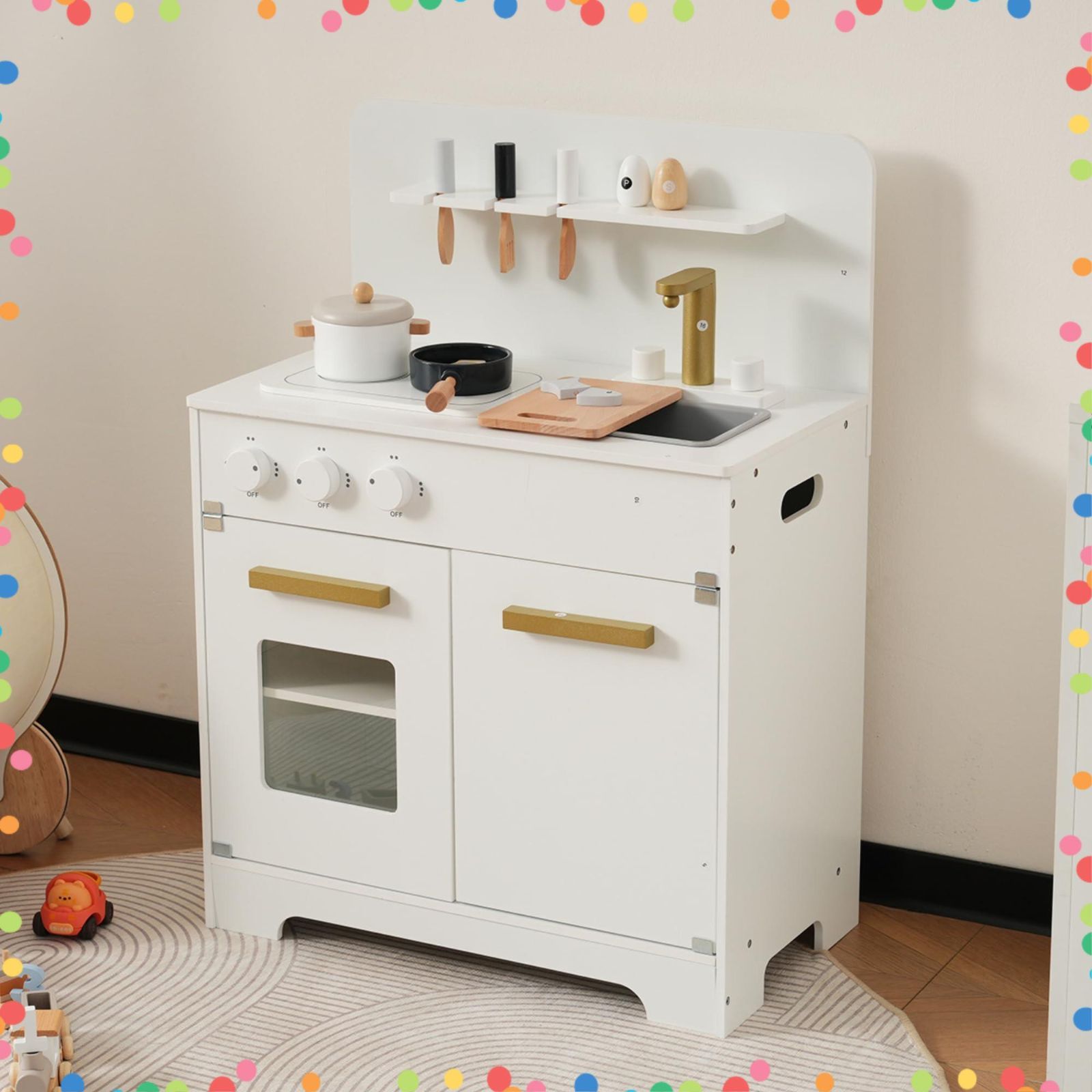 収納 子供用 まねっこ 知育玩具 コンロミニキッチン 台所 おもちゃキッチン ままごとセット 調理器具付き ベビー 木製 ギフトボックス付き キッチン おままごと ホワイト OSJ