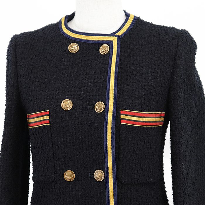 GUCCI グッチ テーラードジャケット マスタードイエロー イタリア製 36 極美品】GUCCI グッチ ツイードジャケット タイガー 虎 ゴールドメタル