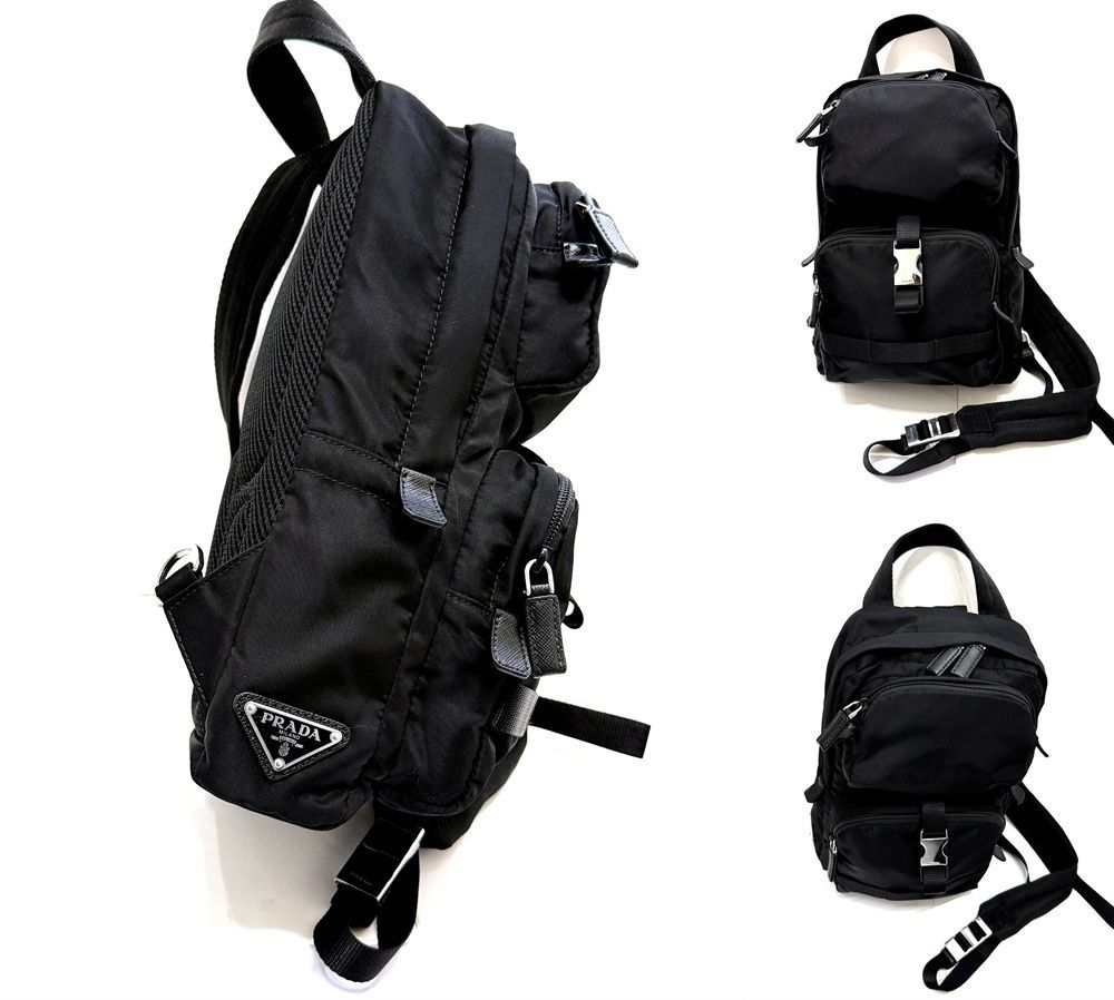 PRADA ブラック ナイロン スリングバッグ 2VZ013 極美品 PRADA プラダ ナイロン サフィアーノレザー ワンショルダー