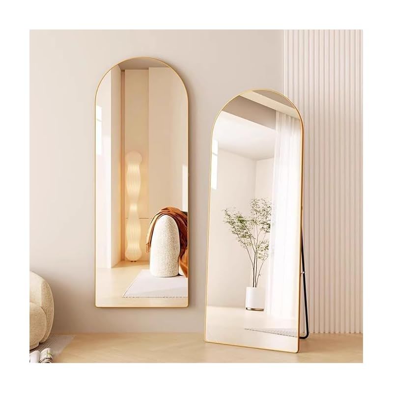 全身鏡 姿見鏡 2 Way アルミフレーム アーチ型 飛散防止加工 折りたたみ 軽量 壁掛け 両用 おしゃれ 丸角 洗面所 化粧 浴室 お風呂 玄関 学生寮用 新生活応援 40 150 CM ゴールド