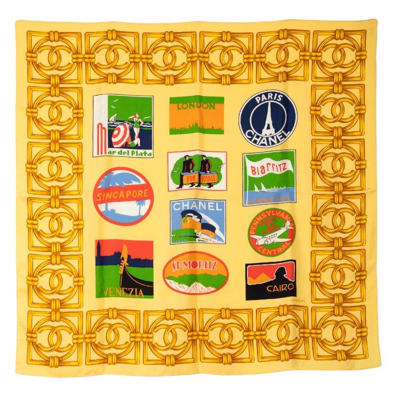 シャネル ココマーク 総柄 イエロー マルチカラー シルク レディース